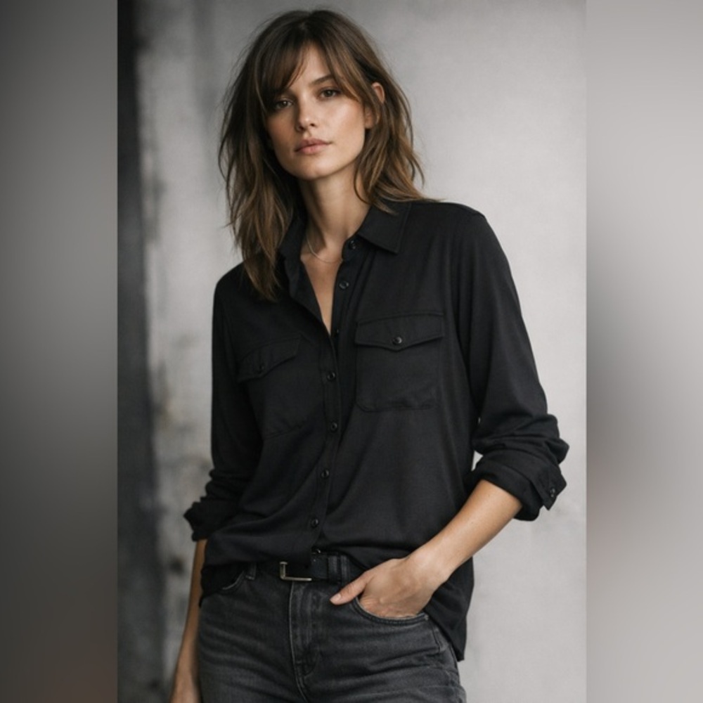 rag & bone Aiden Button Down Shirt Black Modal Stretch Double Pocket L